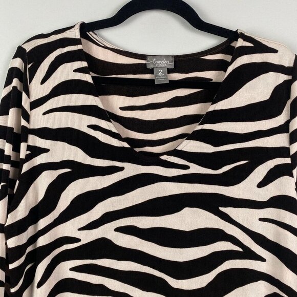 Chicos Travelers Zebra Print Top Size 2 US L Slinky Knit 3/4 Tie Sleeves - Picture 2 of 9